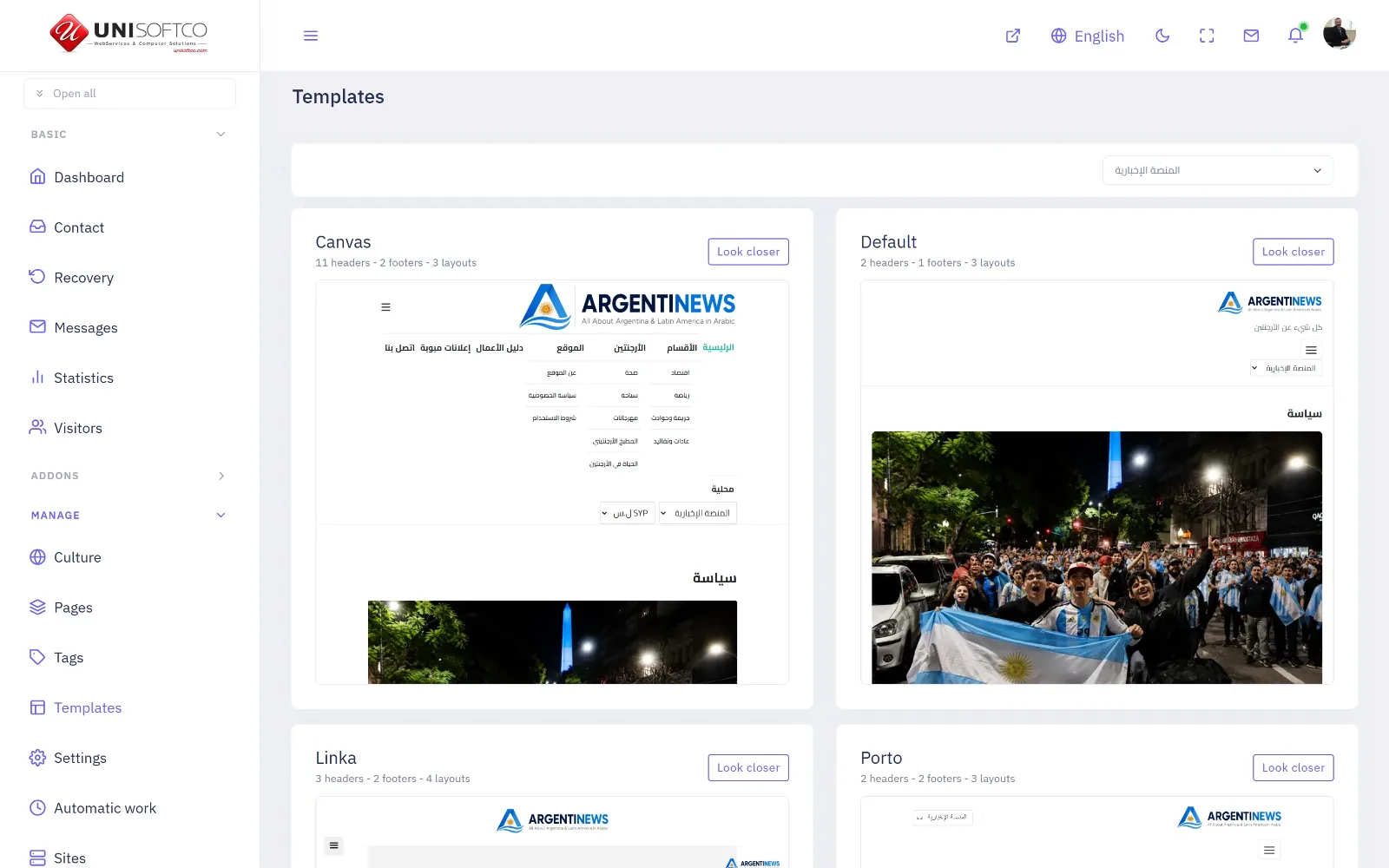 The template gallery, every design previewed with the site inside it
