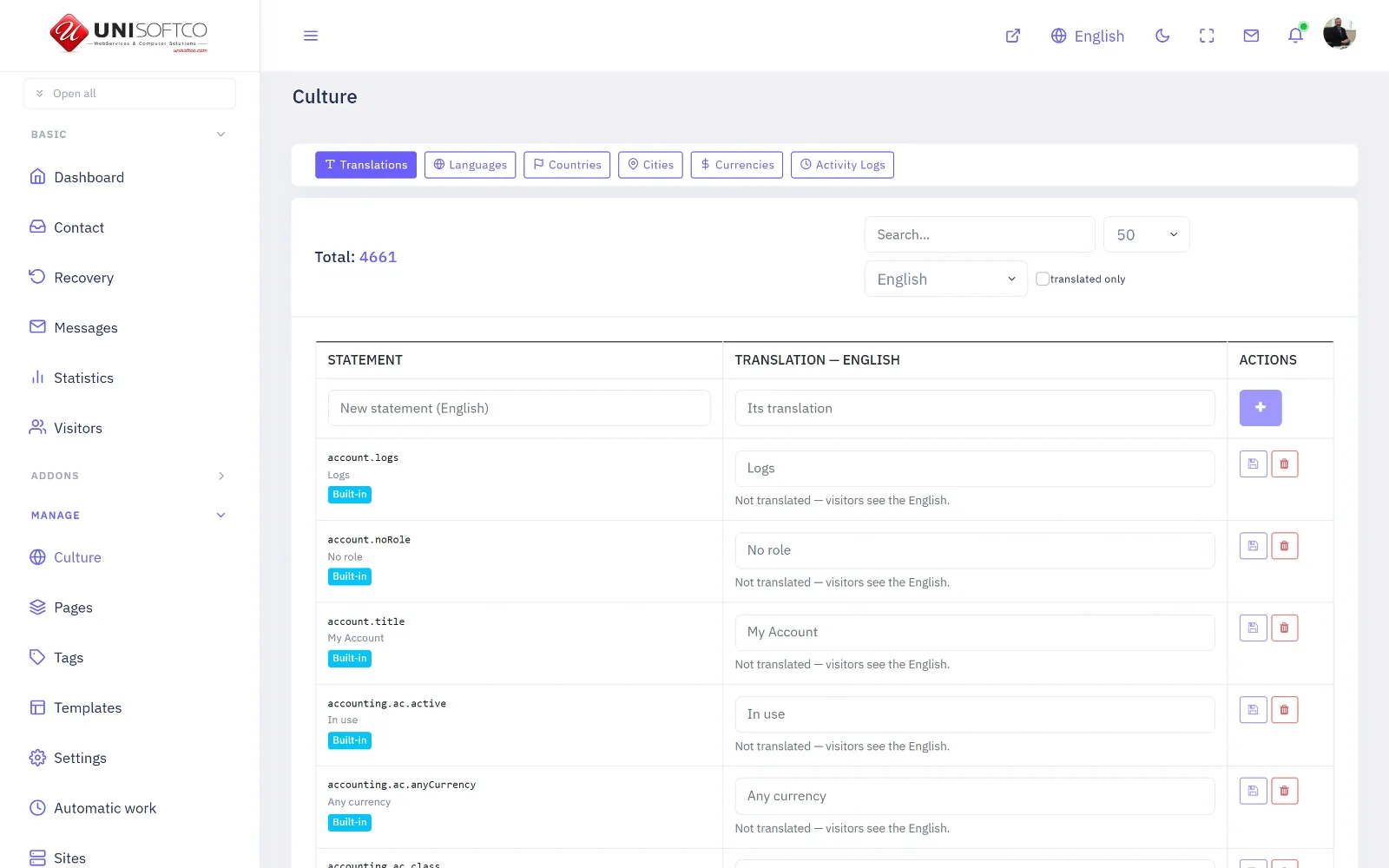 The translations screen: every statement the site makes, beside its translation